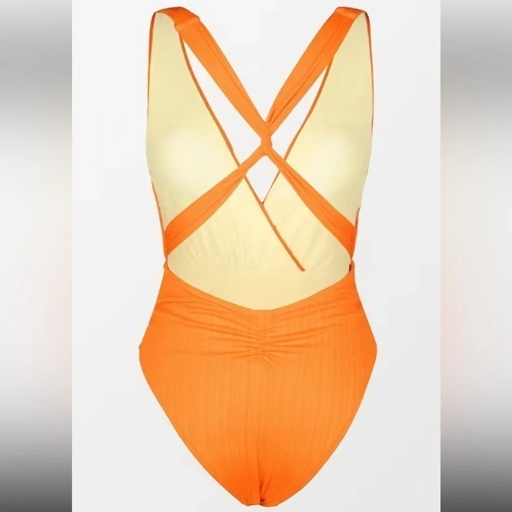 Cupshe Orange Retro Rib Surplice Sash Texture Belt One Piece Swimsuit Sz Medium
